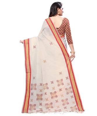 Cream printed cotton saree with blouse 2