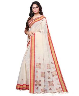 Cream printed cotton saree with blouse 3
