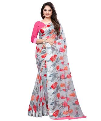 Grey  printed linen saree with blouse 1