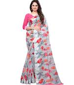 Grey  printed linen saree with blouse