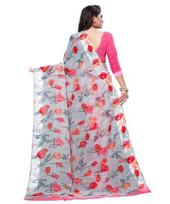 Grey  printed linen saree with blouse 2