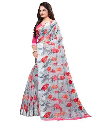 Grey  printed linen saree with blouse 3
