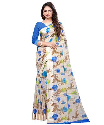 Cream printed linen saree with blouse 1