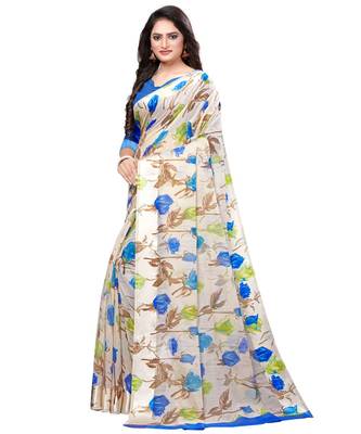 Cream printed linen saree with blouse 3