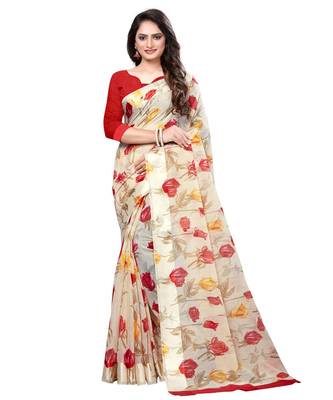 Cream printed linen saree with blouse 1