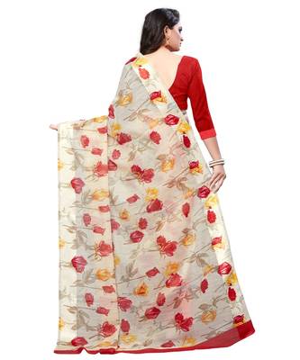 Cream printed linen saree with blouse 2