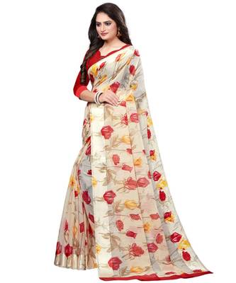 Cream printed linen saree with blouse 3