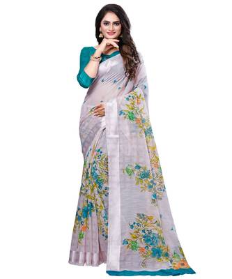 Grey printed cotton saree with blouse 1