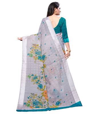 Grey printed cotton saree with blouse 2