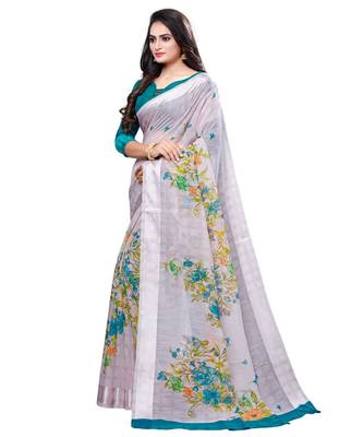 Grey printed cotton saree with blouse 3