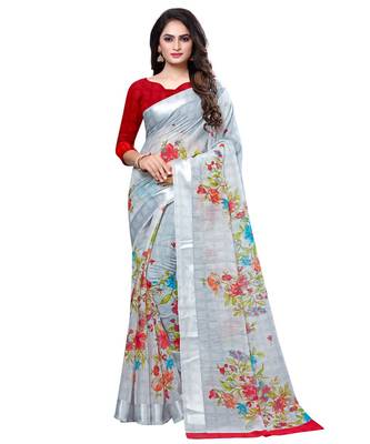 Grey printed cotton saree with blouse 1