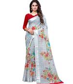 Grey printed cotton saree with blouse