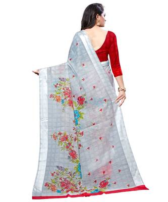 Grey printed cotton saree with blouse 2