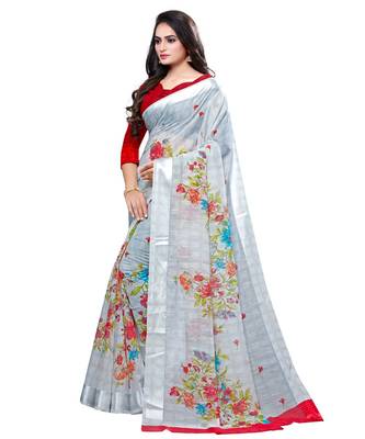 Grey printed cotton saree with blouse 3
