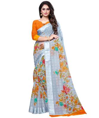 Grey printed cotton saree with blouse 1