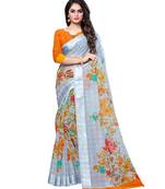 Grey printed cotton saree with blouse