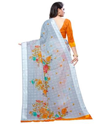 Grey printed cotton saree with blouse 2