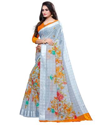 Grey printed cotton saree with blouse 3