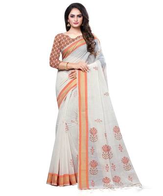 Cream printed cotton saree with blouse 1