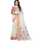Cream printed cotton saree with blouse