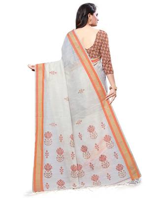 Cream printed cotton saree with blouse 2