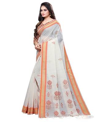Cream printed cotton saree with blouse 3