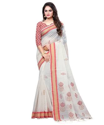 Cream printed cotton saree with blouse 1