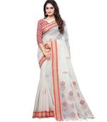 Cream printed cotton saree with blouse