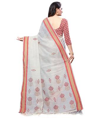 Cream printed cotton saree with blouse 2