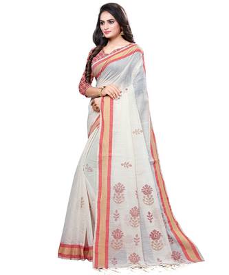 Cream printed cotton saree with blouse 3