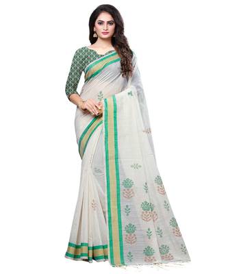 Cream printed cotton saree with blouse 1