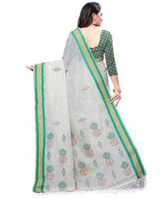 Cream printed cotton saree with blouse 2