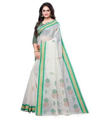 Cream printed cotton saree with blouse 3
