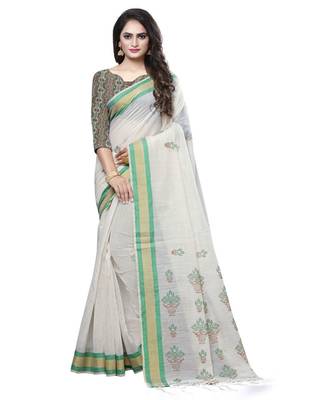 Cream printed cotton saree with blouse 1