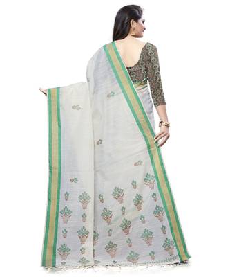 Cream printed cotton saree with blouse 2