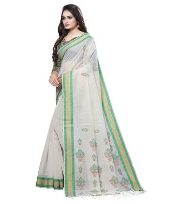 Cream printed cotton saree with blouse 3