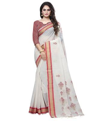Cream printed cotton saree with blouse 1
