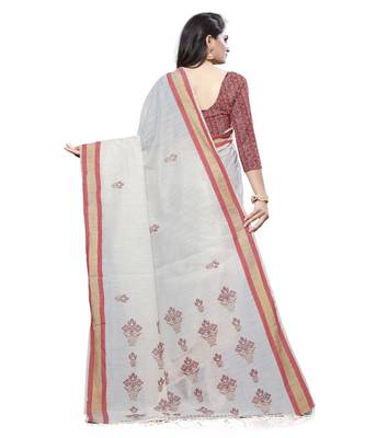 Cream printed cotton saree with blouse 2