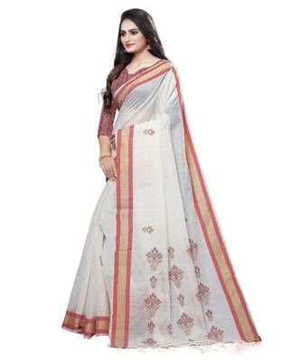Cream printed cotton saree with blouse 3