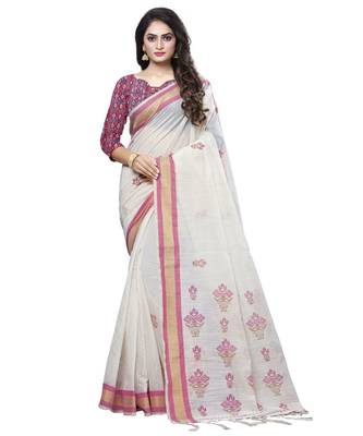 Cream printed cotton saree with blouse 1