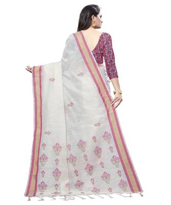 Cream printed cotton saree with blouse 2