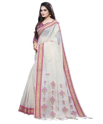 Cream printed cotton saree with blouse 3