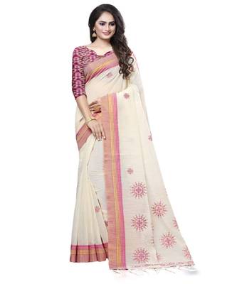 Cream printed cotton saree with blouse 1