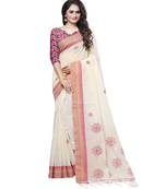 Cream printed cotton saree with blouse