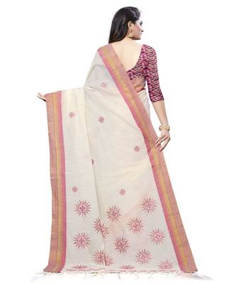 Cream printed cotton saree with blouse 2