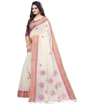 Cream printed cotton saree with blouse 3