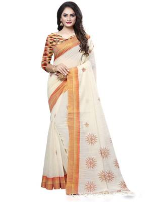 Cream printed cotton saree with blouse 1
