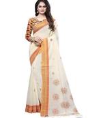 Cream printed cotton saree with blouse