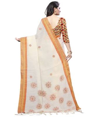 Cream printed cotton saree with blouse 2