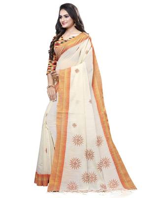 Cream printed cotton saree with blouse 3